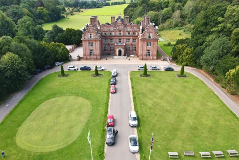 Aerial shot of the front exterior of Broome Park hotel in Kent