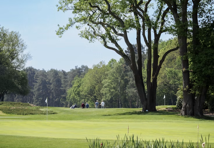 Wide shot of the golf course at Broome Park on a sunny day with golfers in the background