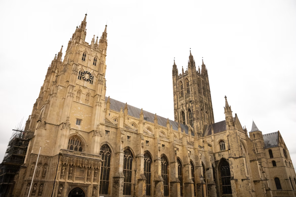 Shot of Canterbury Cathedral from below on an overcast day